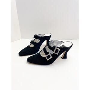 Bijou Black Suede Jeweled Buckle Mule Witch Witchy Heels 7.5